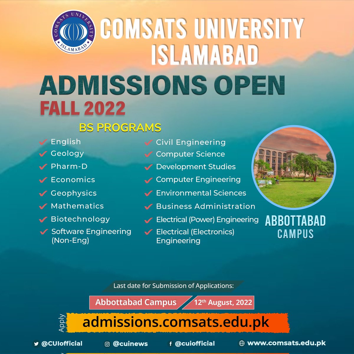 CUIofficial's tweet photo. Give your vision a direction by joining one of the Top Universities of Pakistan. CUI Abottabad offers a diverse range of BS programs. Apply now at https://t.co/Yyj4WFGPXv 

#CUI #COMSATS #CUIOFFICIAL #CUINEWS #ADMISSIONSFALL22
#CUIAbbotabad https://t.co/4zhSS0GDST