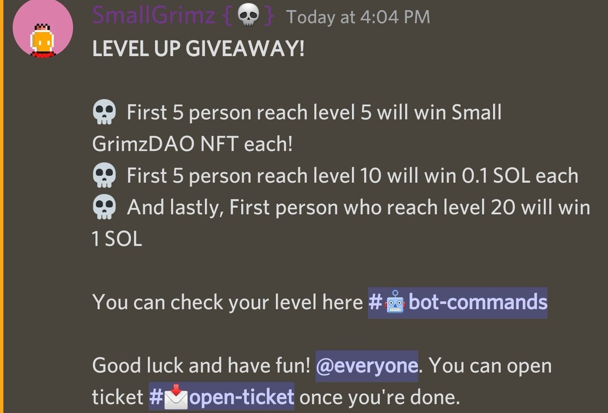 SmallGrimzDAO's tweet photo. We have LEVEL UP GIVEAWAY 💀

Hop in the server! 💀
Discord: https://t.co/AQWCzcJCZH
We feeling #Grimzy! 💀

#NFTCommmunity #Solana #SolanaGiveaways #SolanaCommunity #NFTArts https://t.co/d30trNBXAP