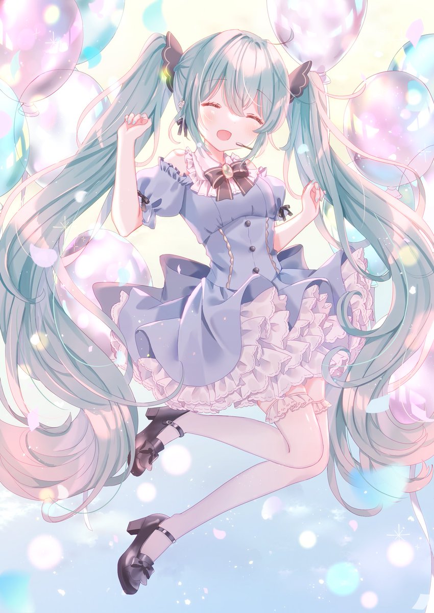 hatsune miku 1girl balloon solo dress closed eyes twintails long hair  illustration images