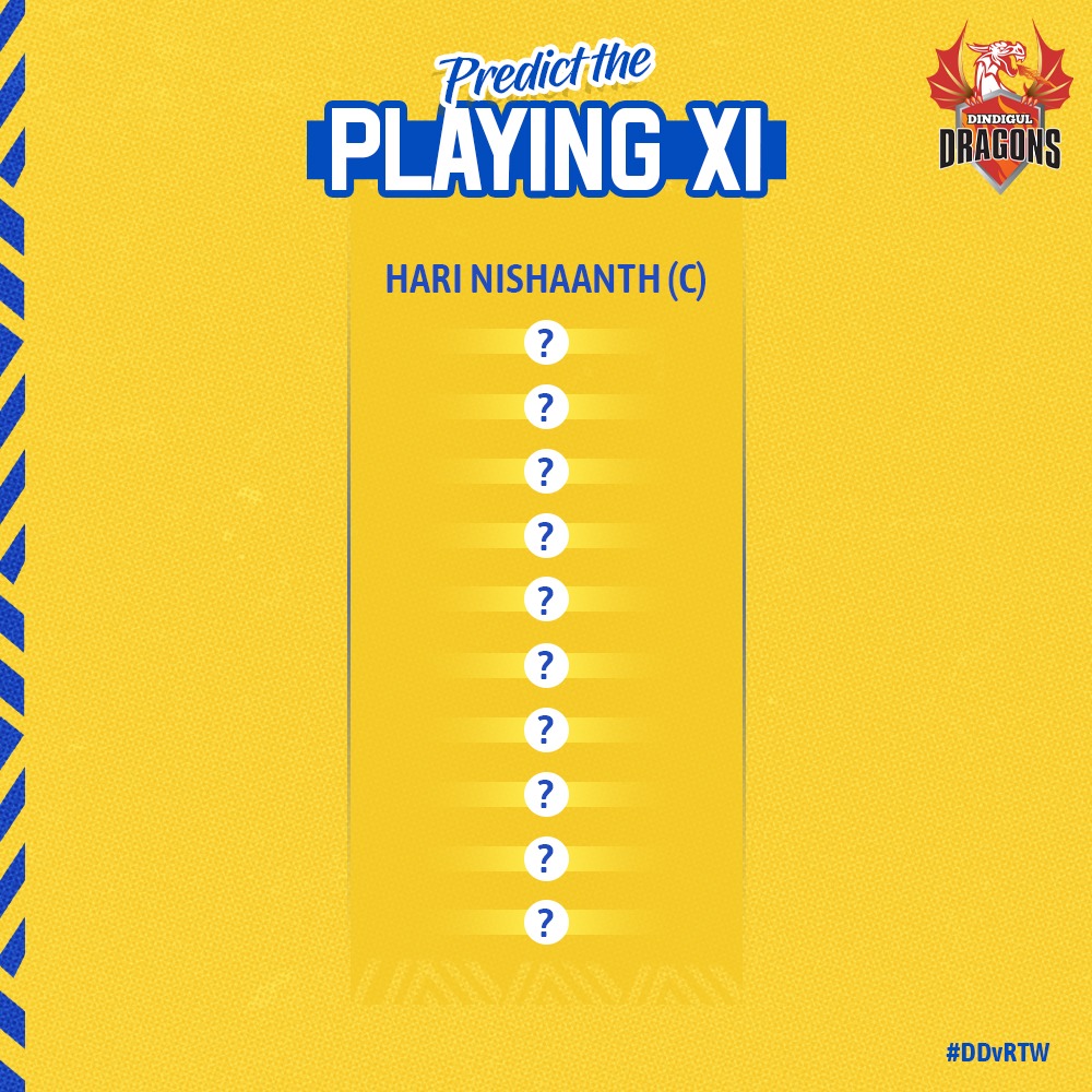 DindigulDragons's tweet photo. 🤔 Guess the players who will be part of the Dragons XI today! 👇

#DDvRTW #DDvsRTW #TNPL2022 #TNPL #DindigulDragons #IdhuNeruppuDa https://t.co/bTwhM5P2iR