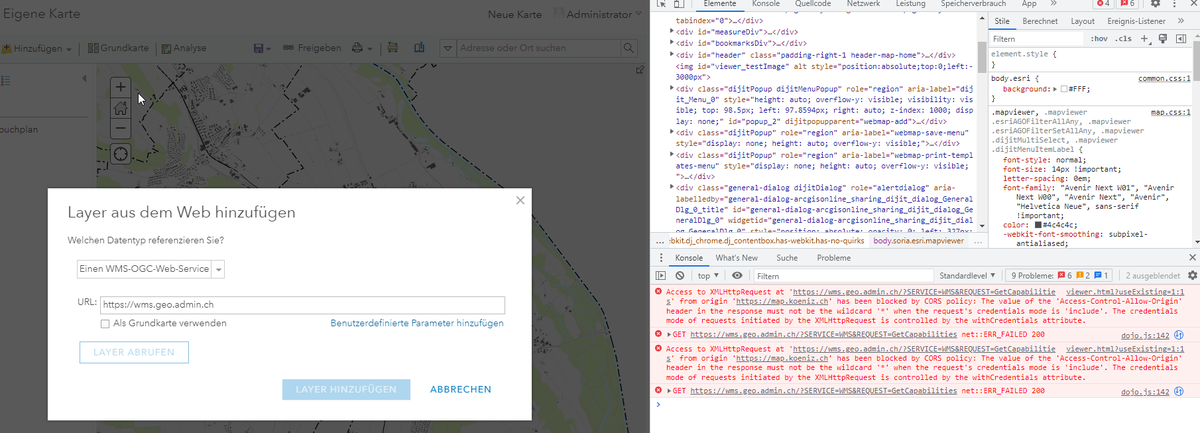 retinho's tweet photo. @davidoesch @swiss_geoportal   Wir können im Geoportal der Gemeinde Köniz (ArcGIS Enterprise 10.8.1) keinen WMS Dienst der swisstopo anhängen. CORS-Error. Machen wir was falsch? WMTS geht.. Liebe Grüsse https://t.co/U0fYTFdkKF