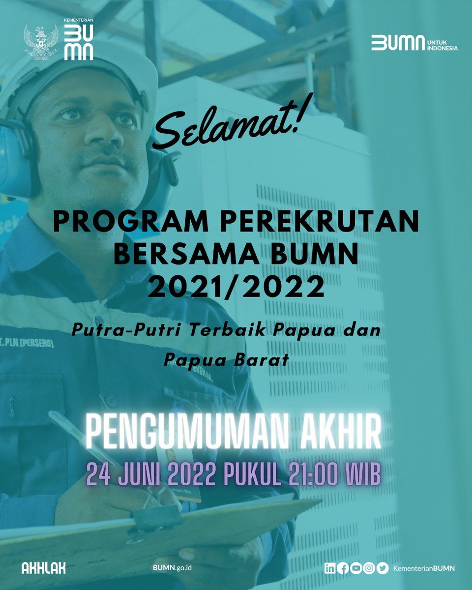 bumn_idn's tweet photo. [PROGRAM PEREKRUTAN BERSAMA PAPUA DAN PAPUA BARAT 2021/2022]

Semangat sore Putra-Putri Terbaik Papua dan Papua Barat!

#SobatBUMN, Selamat kepada yang sudah mengikuti tahapan proses seleksi Perekrutan Bersama Papua dan Papua Barat. https://t.co/r9bj6MsWRd