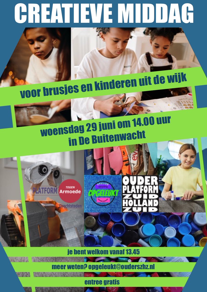 Trots op deze activiteit❣
Op woensdag 29 juni 2022 om 14.00 u <a href="/DeBuitenwacht/">De Buitenwacht Dordrecht</a> #Dordrecht.
#creatieve #middag voor #brusjes in Zuid-Holland Zuid en #kinderen uit de #wijk.
Met dank <a href="/PlatformArmoede/">PlatformTegenArmoede</a>, Atelier Opgeleukt en <a href="/ouderszhz/">Ouderplatform ZHZ</a>.
Vragen/aanmelden? opgeleukt@ouderszhz.nl