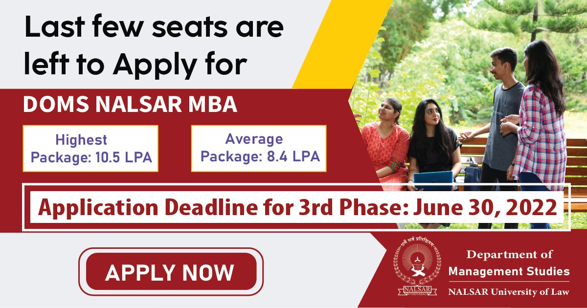 vidyavision_com's tweet photo. Last Few Seats are left to Apply for DoMS NALSAR MBA 2022 Program. A-Grade University as per NAAC, 80+ Corporate Partners, Lectures by Industry Leaders.
Apply Now @ https://t.co/bxdBzNBOfL
#NALSAR #DoMSNALSAR #MBAAdmissions #MBAProgram #MBACareers #Vidyavision https://t.co/dAo6L98ble