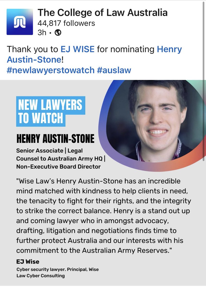 WISE Law Cyber Consulting (@wiselaw3) on Twitter photo “…an incredible mind matched with kindness to help clients in need.”
<a href="/HenryAustinSto1/">Henry Austin-Stone</a> <a href="/AustralianArmy/">Australian Army</a>
<a href="/CollegeofLawNZ/">College of Law NZ</a>
#lawyerstowatch
#auslaw “…an incredible mind matched with kindness to help clients in need.”
<a href="/HenryAustinSto1/">Henry Austin-Stone</a> <a href="/AustralianArmy/">Australian Army</a>
<a href="/CollegeofLawNZ/">College of Law NZ</a>
#lawyerstowatch
#auslaw