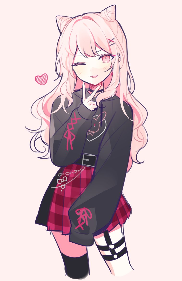 1other one eye closed skirt pink hair heart long hair cone hair bun  illustration images