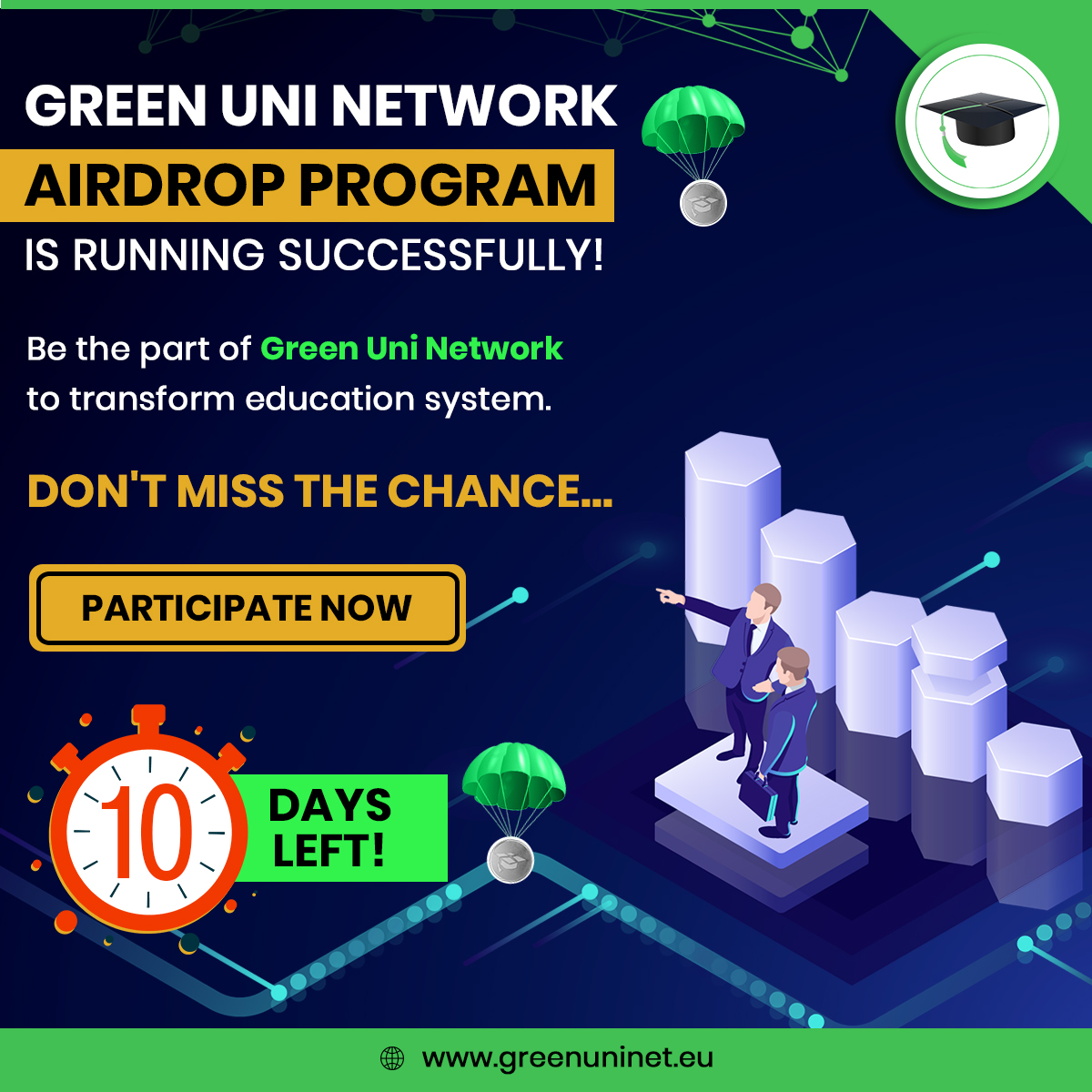 GreenuniNetwork's tweet photo. #GreenUniNetwork #Airdrop Program is running successfully!π
Don't Miss the Chance... Only 10 Days Leftβ³
Participate now:π https://t.co/dRi4OYKTzY
.
.
.
.
#airdropprogram #crypto #cryptocurrency #airdropalert #giveaway #freetoken #freeairdrop https://t.co/3ysYM5eabG