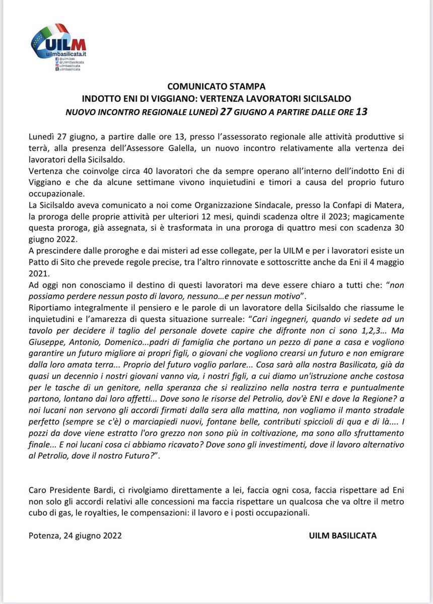 UilmBasilicata's tweet photo. COMUNICATO STAMPA #Uilm
INDOTTO #ENI DI VIGGIANO: VERTENZA LAVORATORI #SICILSALDO NUOVO INCONTRO REGIONALE LUNEDÌ 27 GIUGNO A PARTIRE DALLE ORE 13 https://t.co/I5BCy5atiB