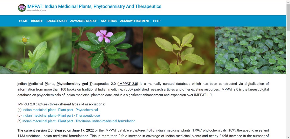 Excited to inform the release of IMPPAT 2.0 (cb.imsc.res.in/imppat/): an enhanced and expanded phytochemical atlas of Indian medicinal plants. From the lab of <a href="/areejitsamal/">Areejit Samal</a>. Thanking co-authors <a href="/karthikeyan_mo/">Karthikeyan Mohanraj</a>  &amp; <a href="/AjayaK_Sahoo/">Ajaya Kumar Sahoo</a>.(1/7)
#ChemTwitter #Cheminformatics #NaturalProduct