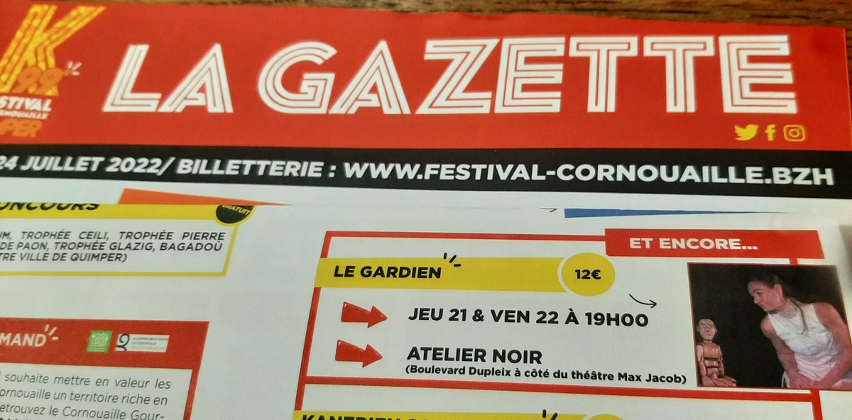 CieParvis's tweet photo. Réservez vos places au #Festivaldecornouaille #Quimper.
Le Gardien sera joué 2 fois
Jeudi 21 et vendredi 22 juillet 22 à 19h 
Par téléphone 02 98 55 53 53
12€. 

Théâtre danse et marionnette.  
Plus infos https://t.co/dsacpRg7vC https://t.co/ZBxA7WAhyS