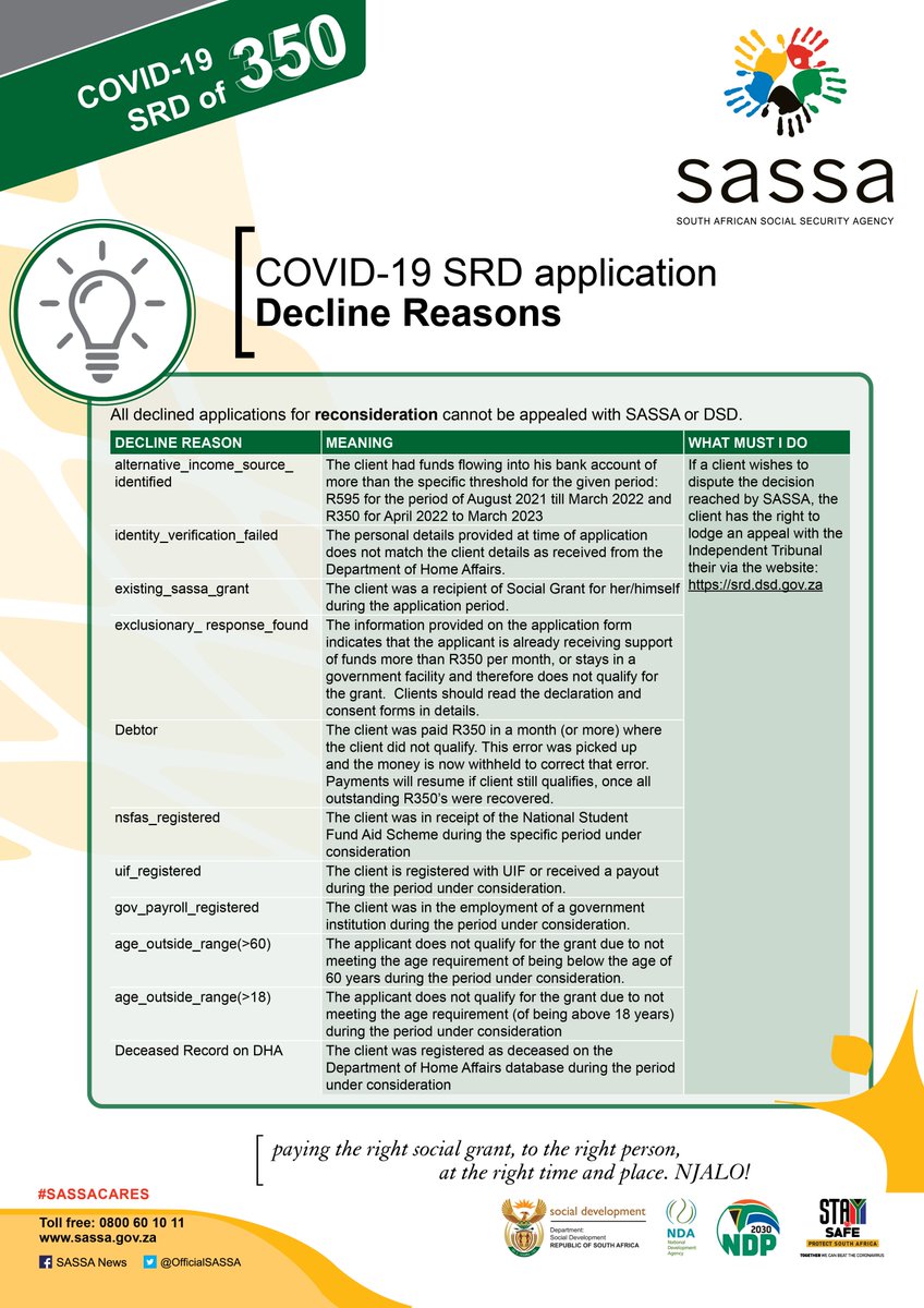 OfficialSASSA's tweet photo. Wondering why you were declined? Please see some of the reasons below. The appeal process will resume on Monday 27 June and all appeals should be directed to https://t.co/EhnAWdsQXD #SASSACares https://t.co/uB6WlUABSS
