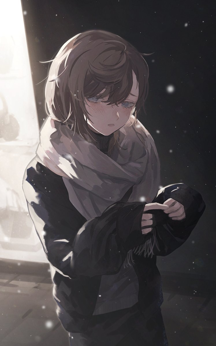 solo brown hair scarf male focus 1boy sweater blush  illustration images