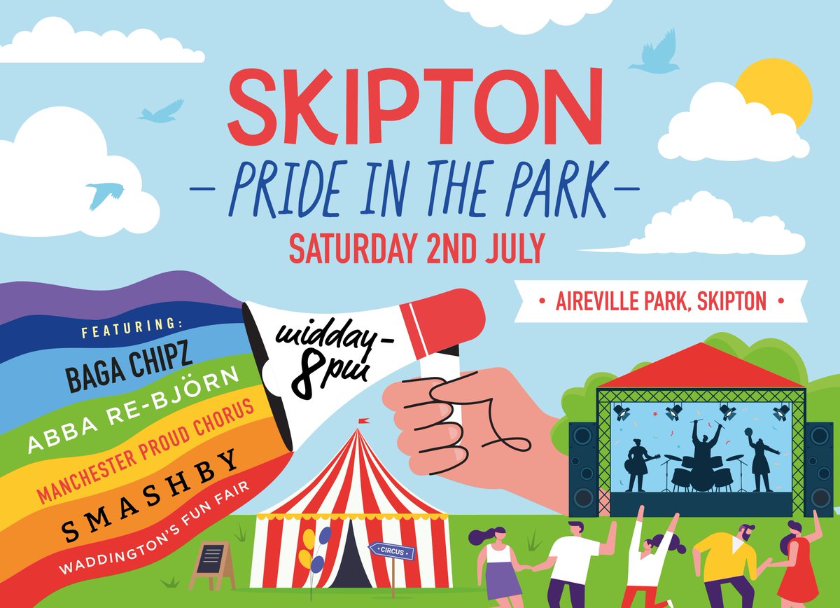 🌈Next Saturday 2nd June Skipton will celebrate the first ever Skipton Pride in the Park event! 🌈

Noon till 8pm. Entertainment including RuPaul’s Drag Race star Baga Chipz and musical group Abba Re- Bjorn, food stalls and fun fair!

#Pride #Pride2022 #Skipton