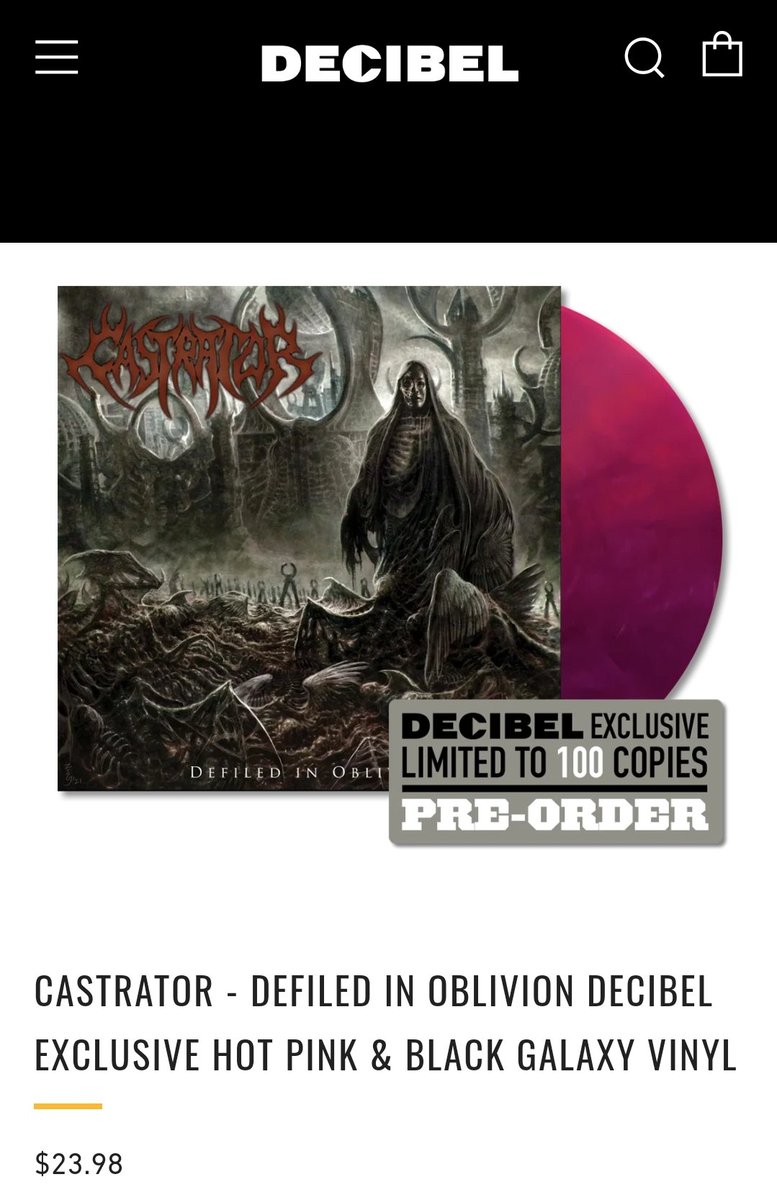 dbmagazine's tweet image. We're down to the final 8 copies of #Castrator 'Defiled In Oblivion' on Hot Pink &amp;amp; Black Galaxy vinyl (limited to 100 copies)

@DarkDescentRec 

store.decibelmagazine.com/products/castr…