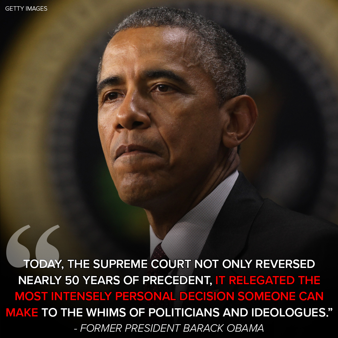 ABC7's tweet photo. Former President @BarackObama: “Today, the Supreme Court...relegated the most intensely personal decision someone can make to the whims of politicians and ideologues—attacking the essential freedoms of millions of Americans.” https://t.co/aLdPFw3z6V https://t.co/HunhvYDcSQ