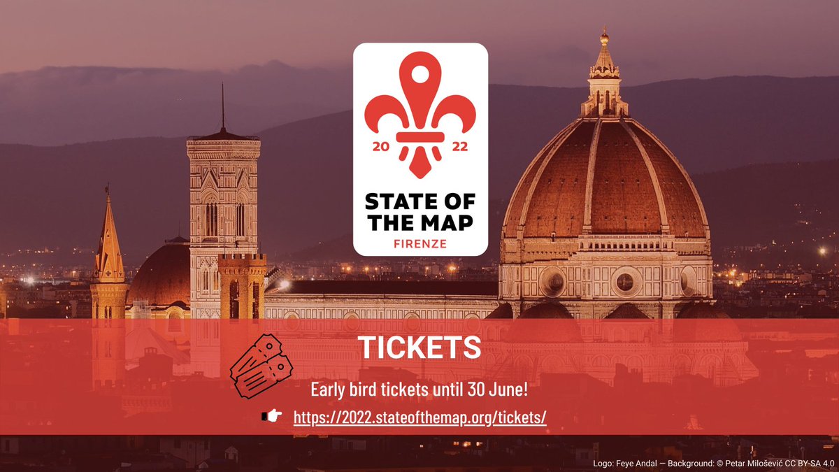 sotm's tweet image. Make sure to grab your tickets to attend #StateoftheMap 2022!

You can purchase a Florence ticket to attend the in-person event or a Venueless ticket to attend online!

Early bird rates end 1 July!

#SotM #SotM2022 #StateoftheMap2022
