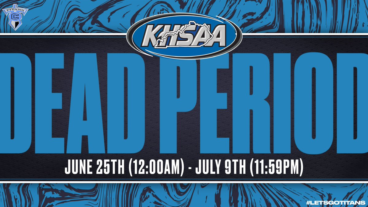 ⚔️ | KHSAA DEAD PERIOD

Dead Period begins June 25th &amp; goes thru July 9th.

Athletes may not have contact with coaches or use school facilities in any manner. Enjoy your break and see everyone July 10th.

#LetsGoTitans <a href="/MLCTitanNation/">MLCTitanNation</a>