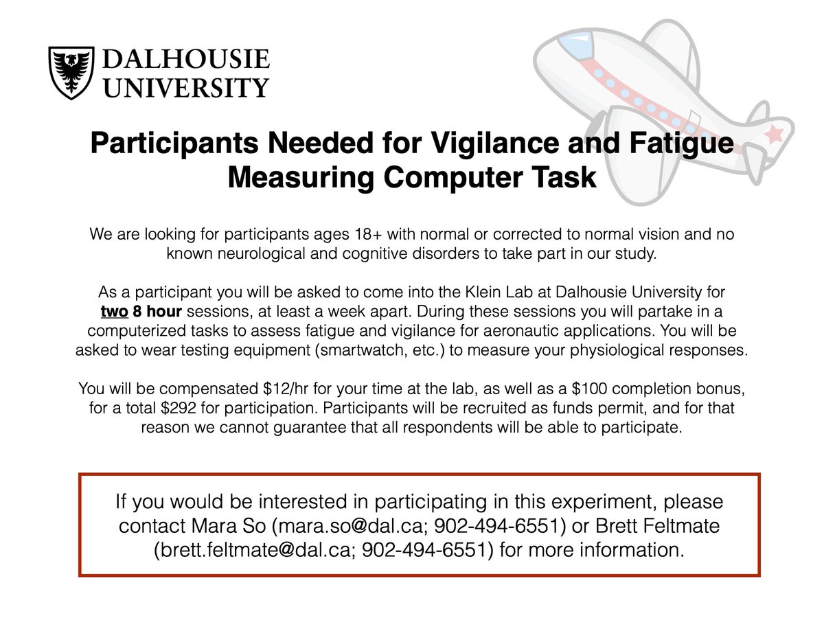 thekleinlab's tweet photo. The Klein Lab is currently seeking participants for a research task. 

If you would be interested in participating in this experiment, please contact Mara So (mara.so@dal.ca; 902-494-6551) or Brett Feltmate (Brett.feltmate@dal.ca; 902-494-6551) for more information. https://t.co/RGie9LSUWx
