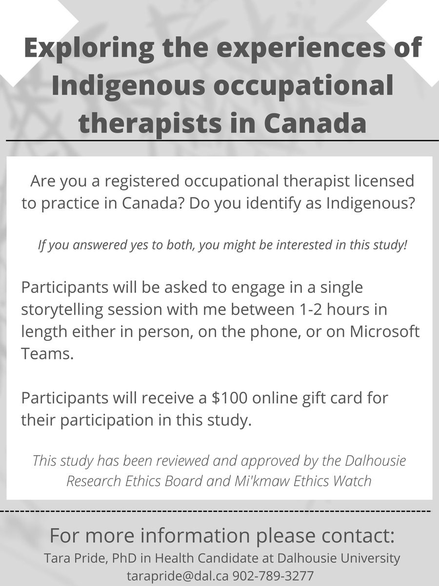 tarapride_'s tweet photo. Hi folks! I've started data collection for my PhD research looking at the experiences of Indigenous OTs in the profession. Please share widely! 

#OT #CAOT #IndigenousPeoples https://t.co/J2Knpgw4JZ