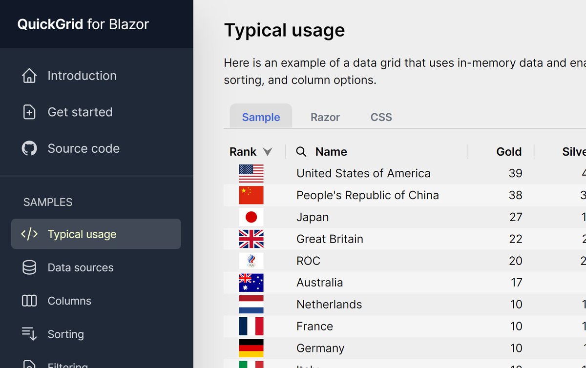 Just published a shiny samples site for Blazor's new experimental datagrid package: aspnet.github.io/quickgridsampl…