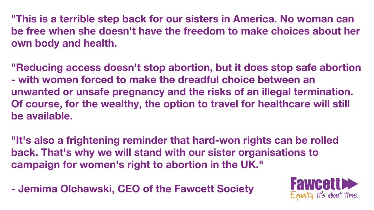 As #RowVsWade is overturned in the US we stand with our sister organisations to campaign for women's right to abortion in the UK. 
<a href="/BPAS1968/">BPAS</a> &amp; <a href="/Abortion_Rights/">Abortion Rights</a> recently secured continued early at-home abortion care &amp; are calling for anti-harassment buffer zones outside clinics.