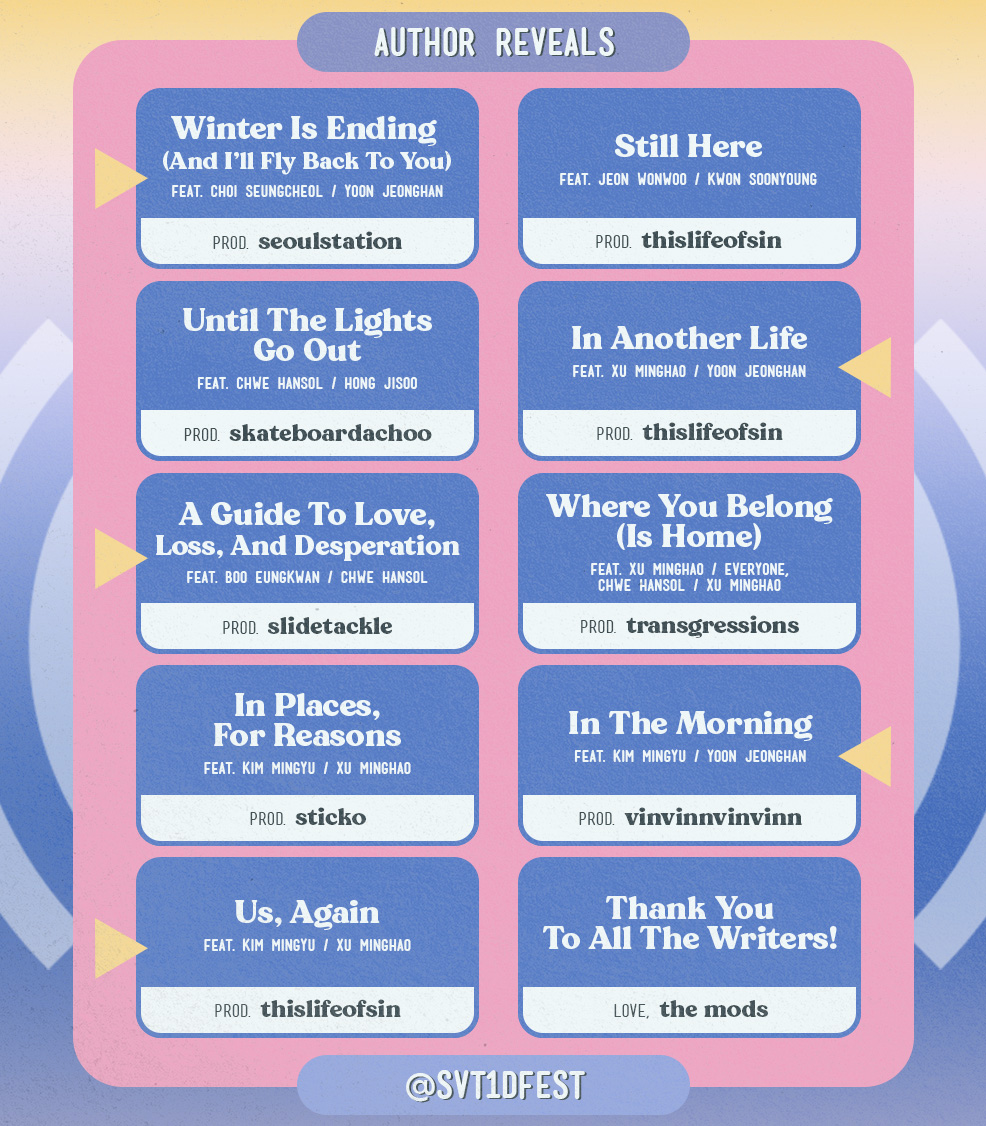 ✨🚨AUTHOR REVEALS🚨✨

Thank you to all the readers and to all of our extremely hard working authors for creating so many incredible works 💓! To the beat of 1D’s best song ever, you all wrote the ~~best fics eveeeer~~

a03 collection: archiveofourown.org/collections/SV…

#svt1dfest