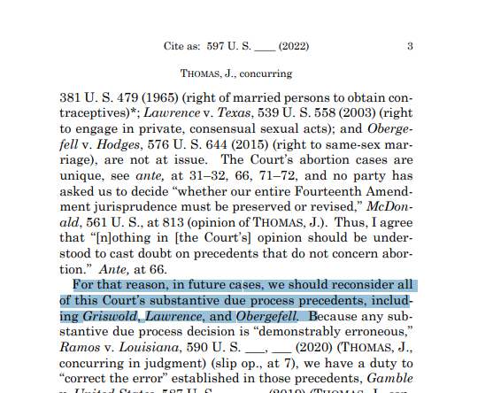jkingkc's tweet photo. @gymandchips @DigDougg @writer9706 @Eric_Schmitt In the release of the Roe V Wade they specifically state those are the next things they would look at overturning. This is the path conservatives want to take unfortunately.

Griswold (on contraception)
Lawrence (on same-sex sex)
Obergefell (on same-sex marriage) https://t.co/5jnZJk3yxW