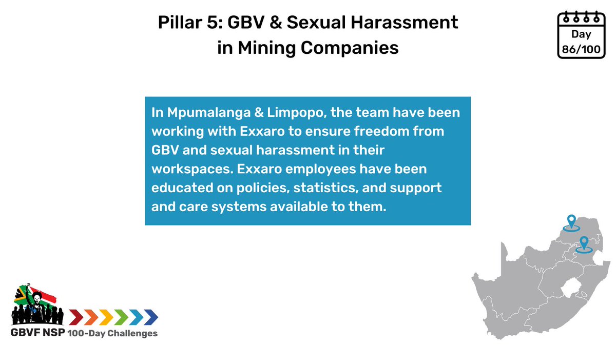 end_GBVF's tweet photo. Day 86/100. For those of you who are just joining our journey, 7 teams in 7 districts are implementing specific outcomes of the NSP GBVF at municipal level. A whole society problem takes a whole society to solve it. #saferworkspaces #impactin100days #endGBVF https://t.co/mWf7CEIlTp