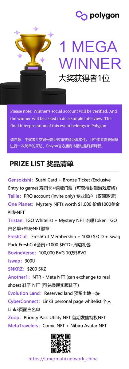 #Polygon 19000+ 项目，你了解吗？首期中文区Try Your Best Learn &amp; Win 活动，将用一个月的时间介绍马蹄生态上的13个新晋项目

今天开始到7月底，AMA+项目体验卡+福利不断到达~~同时推出Mega Win独宠奖励，抽取1位幸运用户获得13个项目提供的NFT、奖品、Token等一系列奖品！

gleam.io/gXxvi/try-your…