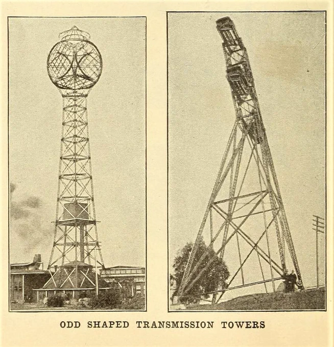#タモリ倶楽部#鉄塔今日は何となく古い電気関係の本見てて、かわいいなと思った1908年ごろのアメリカの送電塔。 