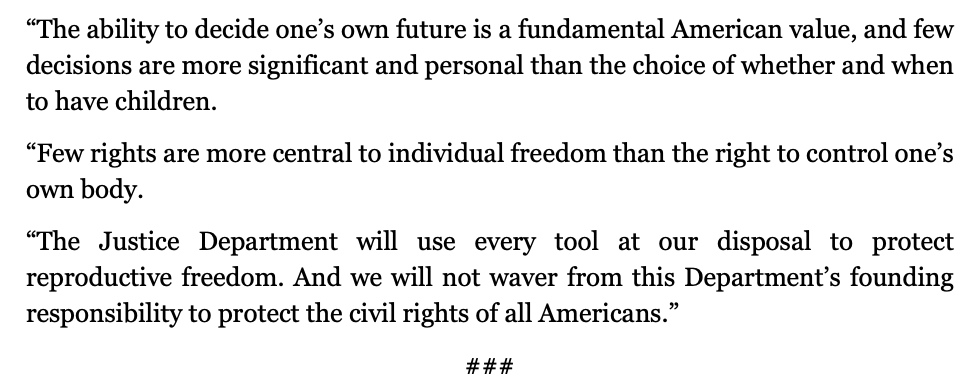 ABC's tweet photo. BREAKING: AG Garland: “The Justice Department strongly disagrees with the Court’s decision."

"Few rights are more central to individual freedom than the right to control one’s own body. The Justice Department will use every tool at our disposal to protect reproductive freedom." https://t.co/jZNiSs0tJP