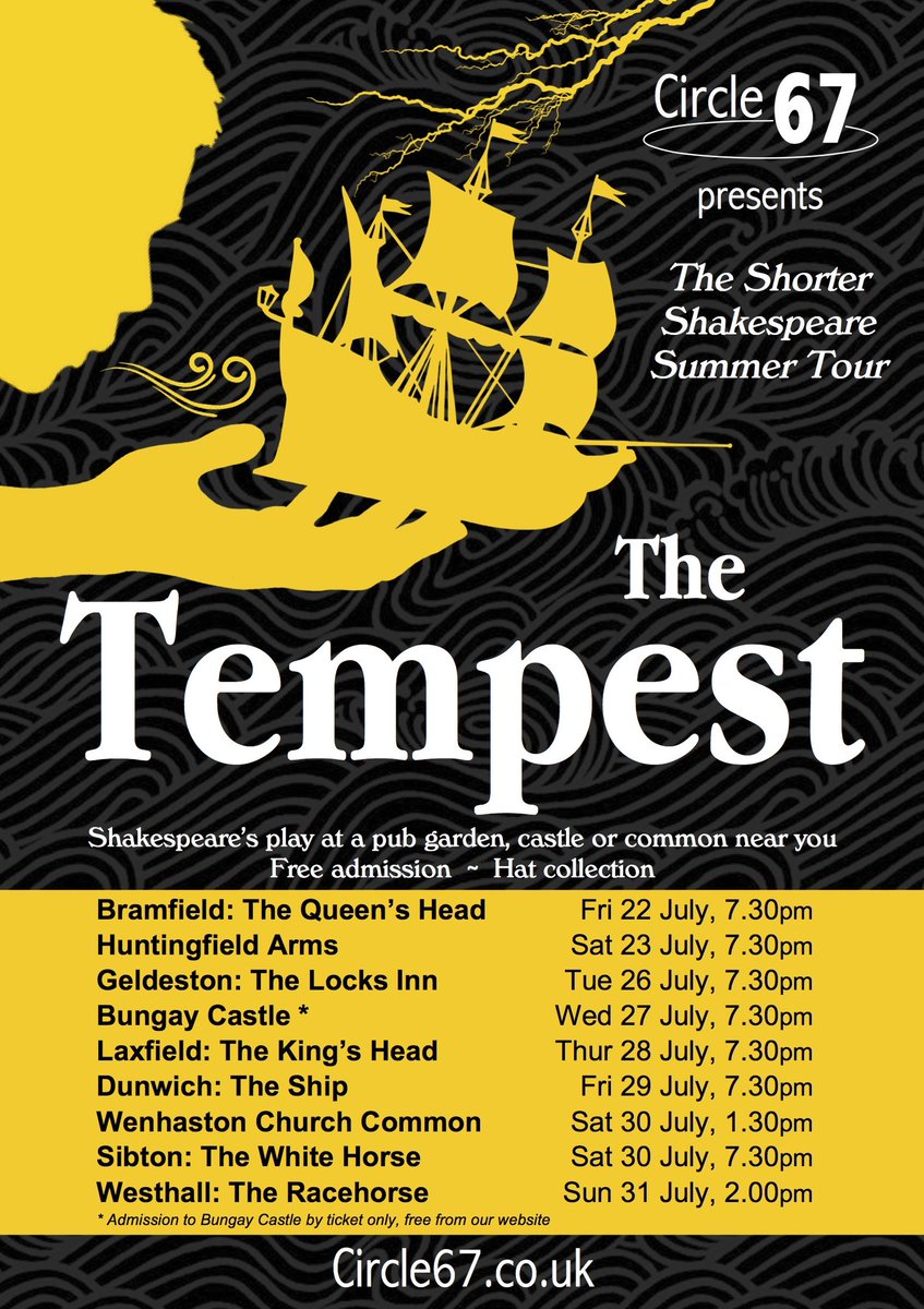 Here are the dates and venues for our extended 2022 Summer Shakespeare @Ship_atDunwich @SWHInn @suffolkpub @geldestonlocks @LowHouseLax @WRacehorse @BungayFestival Huntingfield Arms Wenhaston Common #bravenewworld