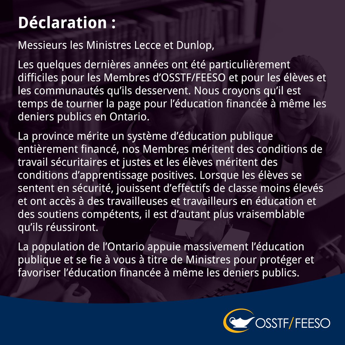With today's #OnPoli cabinet appts, we are reminding the PCs that ppl in ON are OVERWHELMINGLY #ProPublicEd &amp; want them to protect + enhance the public system.

See our statement to Minister of Education, Stephen Lecce, &amp; Minister of Colleges &amp; Universities, Jill Dunlop. #OntEd
