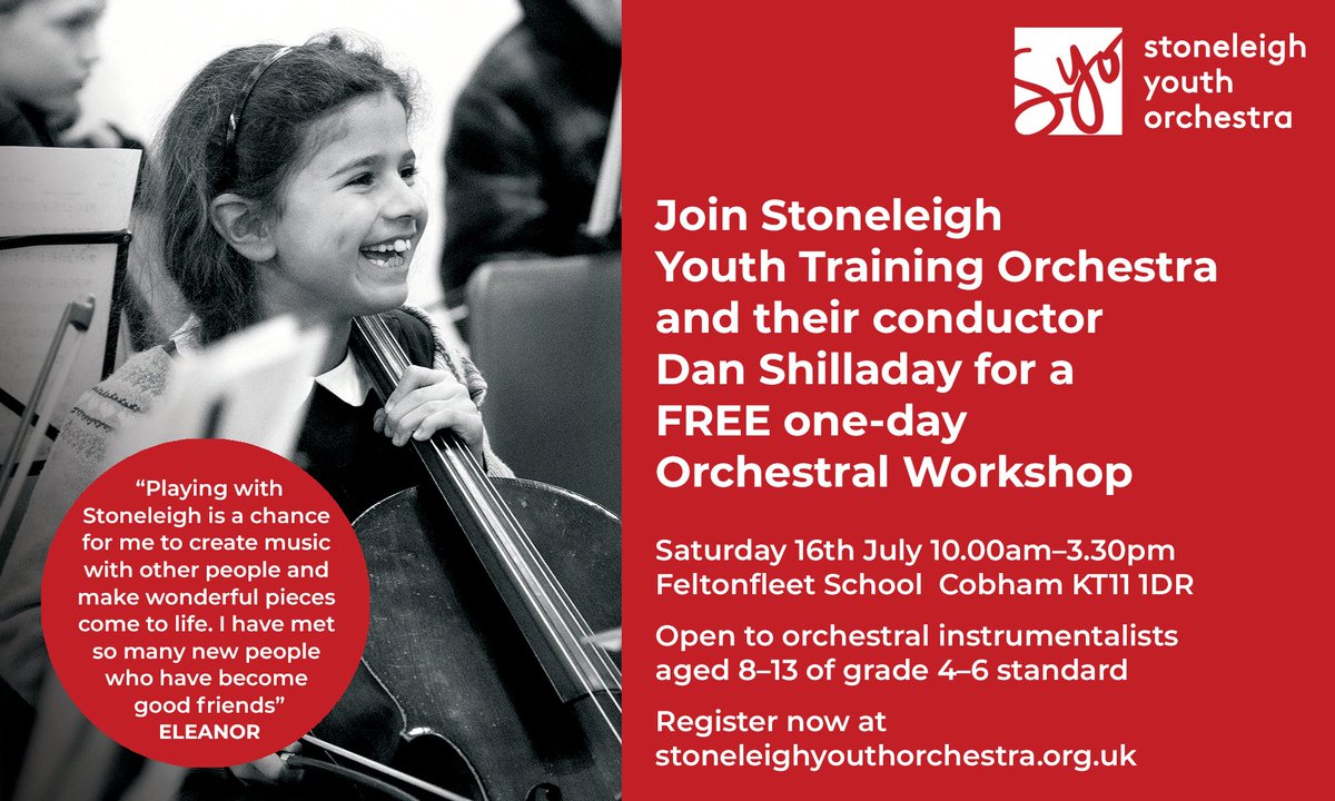 Calling all orchestral musicians in the south west London and Surrey area, aged 8-13 and of grade 4-6 standard! Come and join us for a free one-day orchestral workshop at FeltonFleet School, Cobham on Sunday 16th July 10am-3:30pm.
Interested? Register at stoneleighyouthorchestra.org.uk/training-orche…
