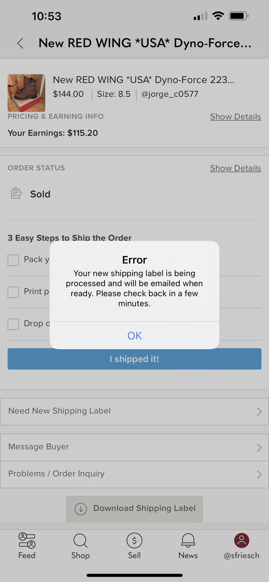 SteveFriesch's tweet photo. @Poshmarkapp never seen this message before, been way more longer than a few mins? https://t.co/bLpgeeUtcn