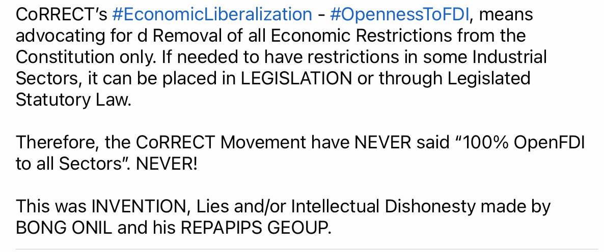 Ronanpbd's tweet image. Claimed by FACT U @GrowlHarhar alone. CoRRECT’s #EconomicLiberalization - #OpennessToFDI, means advocating for d Removal f ol Economic Restrictions from d Constitution only. If needed to have restrictions in some Industrial Sectors, it can be placed in LEGISLATION.

WAG Tang Ha.