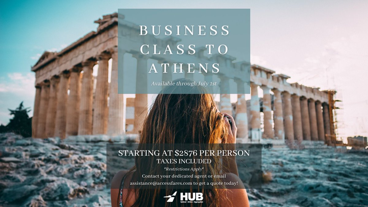 HubFares's tweet photo. Deal of the week! Low fares to Athens, starting at $2876 per person. 

Email assistance@accessfares.com for more info today!

#travel #aviation https://t.co/rWgWo7OtwH