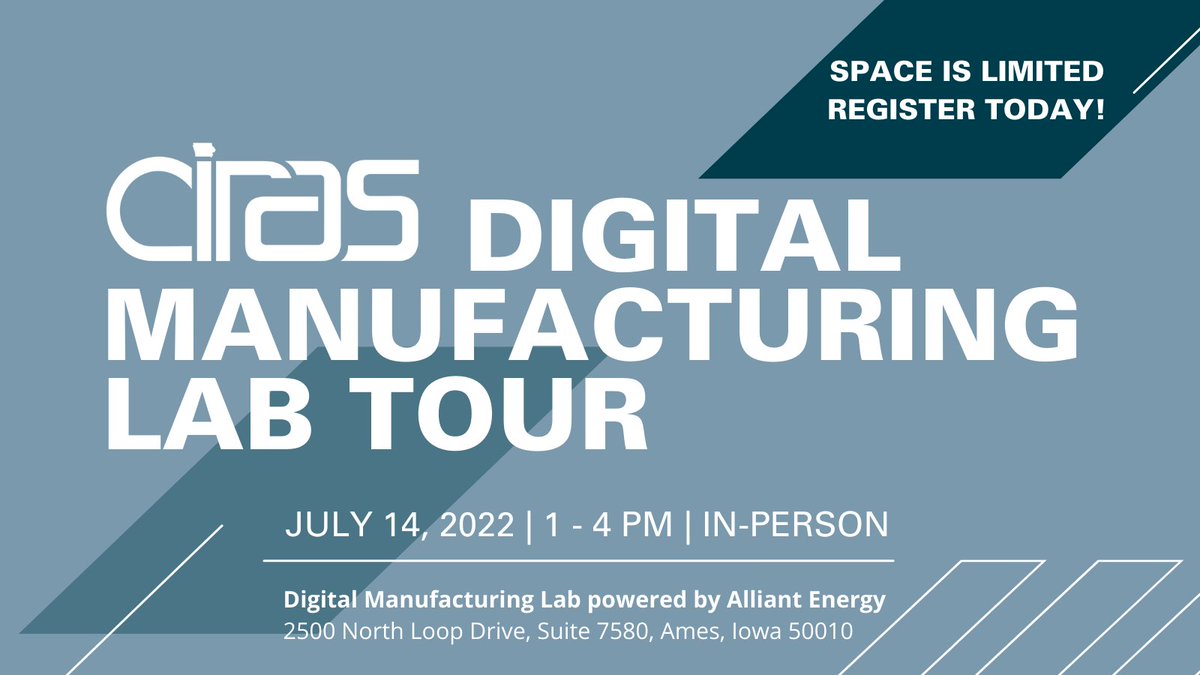 CIRAS_ISU's tweet photo. The CIRAS Digital Manufacturing Lab powered by 
@alliantenergy is hosting a tour on July 14th!  This popular 3-hour event will fill up fast, so register today! 

https://t.co/4DYIrjUmoA

#LabTour #CIRAS #Industry4dot0 #IowaMfg https://t.co/7waXtdvpsg