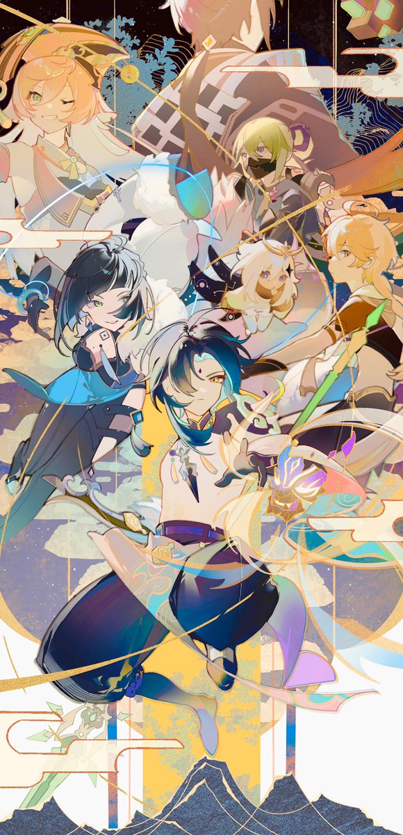 aether (genshin impact) ,xiao (genshin impact) ,yanfei (genshin impact) ,yelan (genshin impact) multiple girls multiple boys bead necklace weapon mask halo holding weapon  illustration images