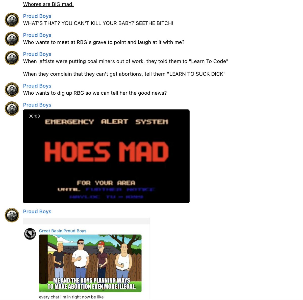 oneunderscore__'s tweet photo. Reaction to Roe getting overturned from the largest Proud Boys Telegram channel.

Just a content warning that it's probably worse than you think. https://t.co/OwQLnm8qsk