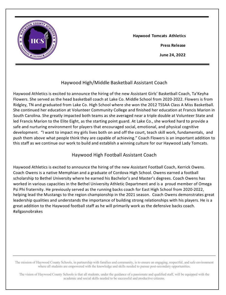 haywoodtomcats's tweet photo. Please help us welcome Ta’Keyha Flowers and Kerrick Owens to Tomcat Nation.  Coach Flowers is the new assistant girls basketball coach and Coach Owens is joining the Haywood football staff as the defensive backs coach!!! #haywoodtomcats https://t.co/1YGayaQJMU