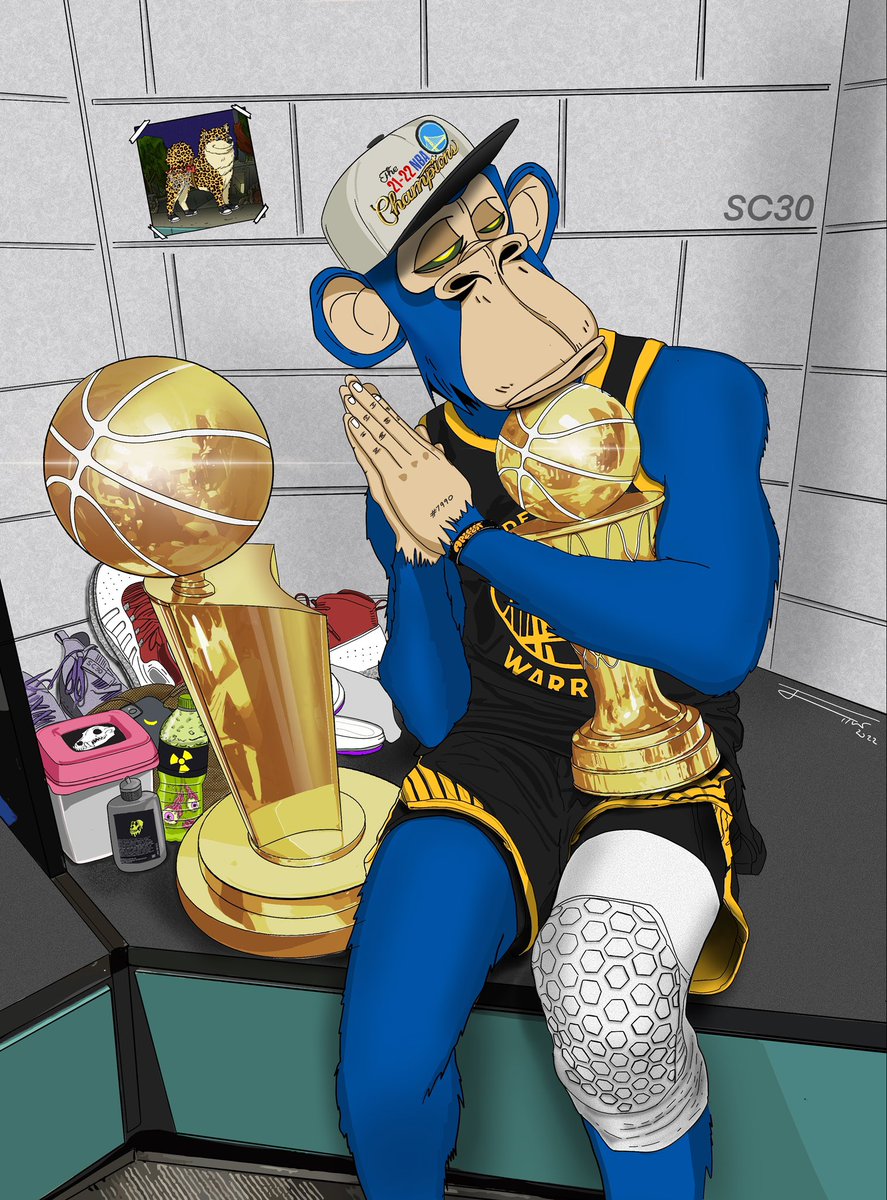 Artwork I did in honour of <a href="/StephenCurry30/">Stephen Curry</a> for winning the <a href="/NBA/">NBA</a> championship 21-22. This is the <a href="/BoredApeYC/">Bored Ape Yacht Club 🍌</a> version 🦍. Featuring his ape #7990 🔥 

#nftart #sc30 #StephenCurry #bayc #mayc #bakc #apefest #APECOIN #nba #nbachampions #GoldenStateWarriors #NFTartists #apes