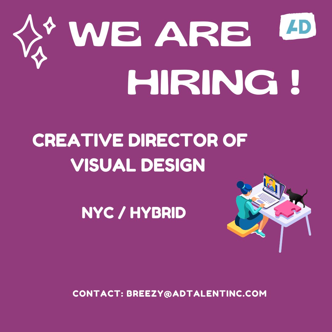 We are working closely with the ECD of a global business transformation agency that is expanding its New York design team and looking to bring on a full-time Creative Director of Visual Design. Contact: Breezy@adtalentinc.com

#FridayVibes #FridayFeeling #jobsearch