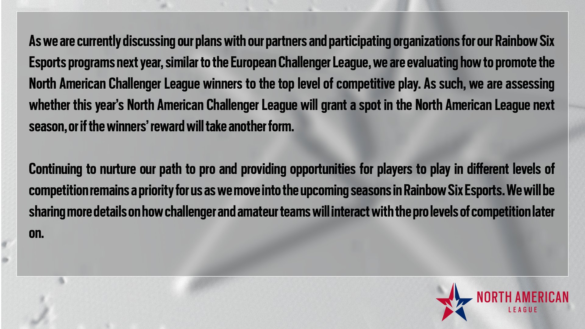 As we are currently discussing our plans with our partners and participating organizations for our Rainbow Six Esports programs next year, similar to the European Challenger League, we are evaluating how to promote the North American Challenger League winners to the top level of competitive play. As such, we are assessing whether this year’s North American Challenger League will grant a spot in the North American League next season, or if the winners’ reward will take another form.

Continuing to nurture our path to pro and providing opportunities for players to play in different levels of competition remains a priority for us as we move into the upcoming seasons in Rainbow Six Esports. We will be sharing more details on how challenger and amateur teams will interact with the pro levels of competition later on.