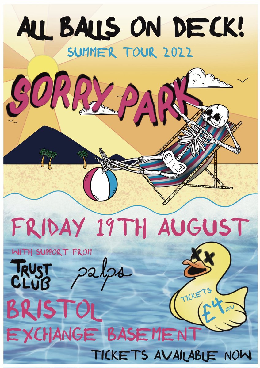 SorryParkUK's tweet photo. 🏝ALL BALLS ON DECK🏝

We have the pleasure of joining #Palps &amp; @thisistrustclub on tour this summer!

We’re so excited to be headlining Bristol on Friday 19th August!
Grab your tickets here: https://t.co/XG8jxt4NcW https://t.co/iyjU2eFy4Y