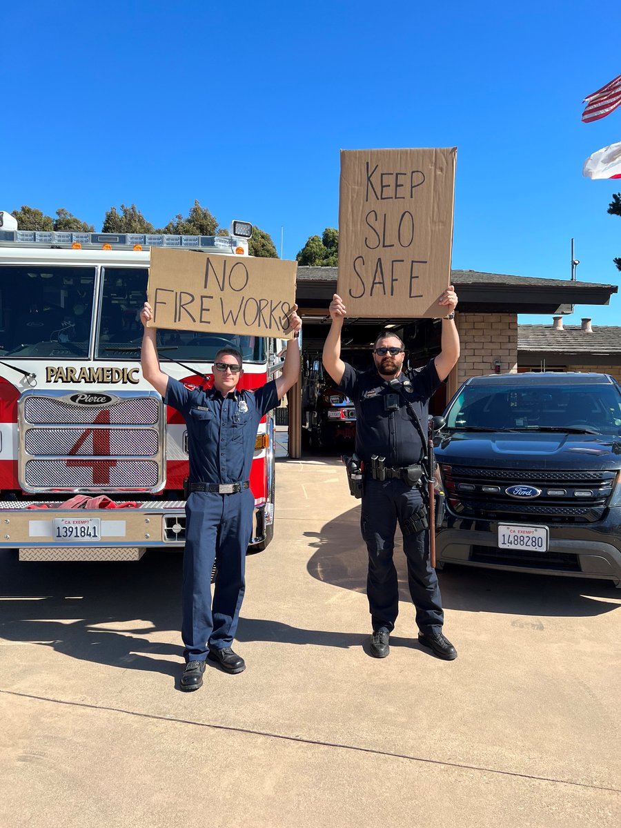 SLOCityPolice's tweet photo. We get it. Sparkly and loud explosives are fun, but they are illegal in SLO. Please help keep our community safe and leave the fireworks shows to the professionals at the pier. #copwithasign #firefighterwithasign @SLOCityFire https://t.co/p08PEOIcXg