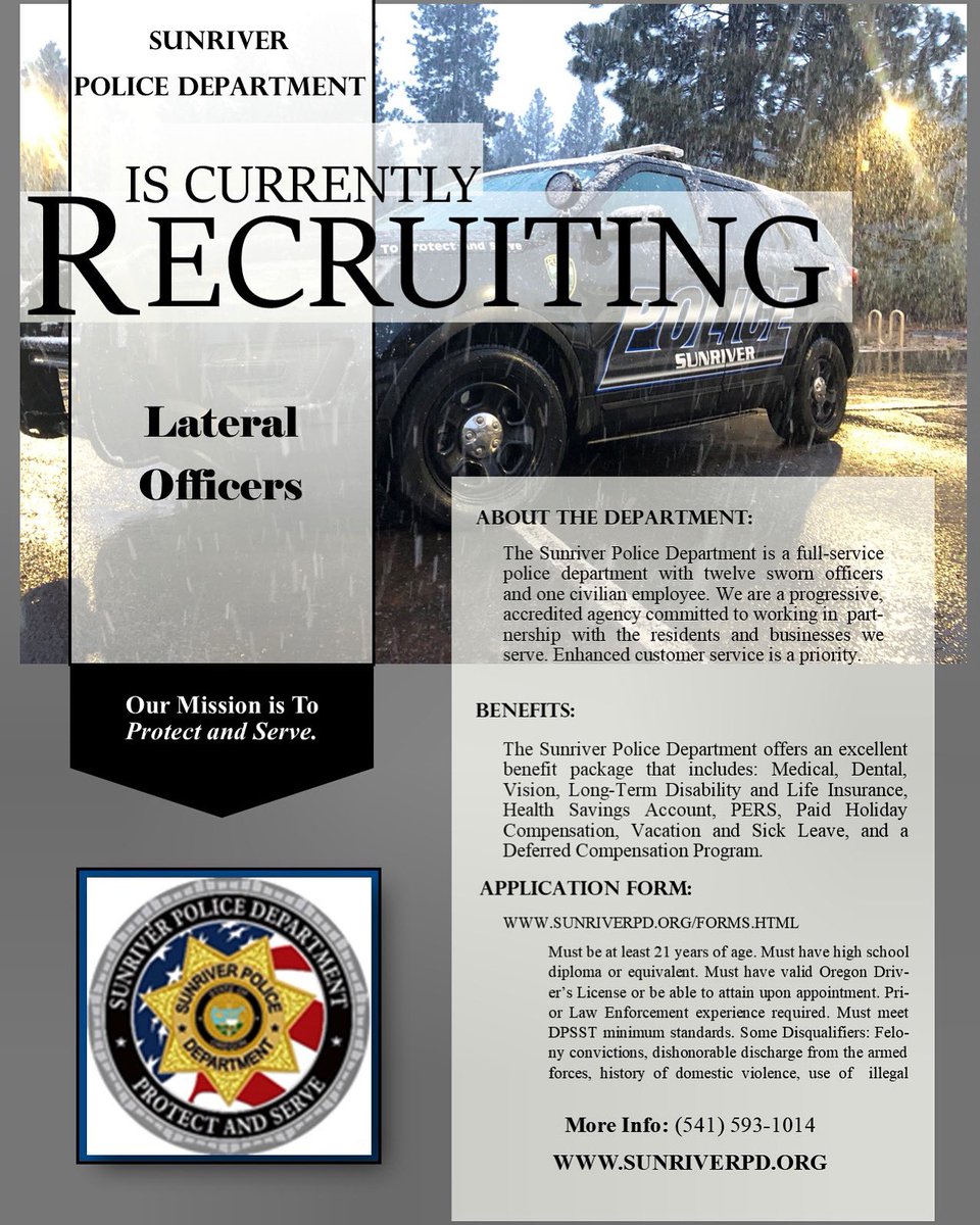SunriverPD's tweet image. Sunriver PD is hiring lateral police officers!  Do you want to work for a community-oriented department located in one of the best places to live in the country?  If so, please apply by July 16th, 2022.  Thank you for you interest and your continued support.