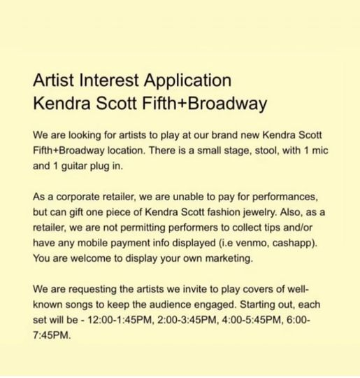 freedster1's tweet photo. Apparently @KendraScott doesn't think that a musician's time is worth any money at all. 🤬

 #Boycott #KendraScott #BoycottKendraScott https://t.co/vjOM8OsrDe