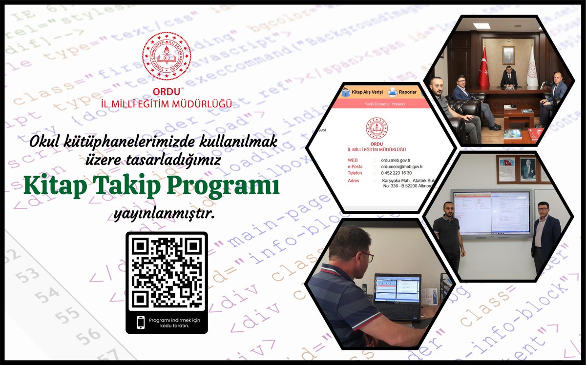 Kütüphane Kitap Takip Programımız kullanıma açıldı.

Yazılımın yapılmasında emeği geçen öğretmenimiz Aziz Belen'e teşekkür ederiz.

📚💻Programa linkten ulaşabilirsiniz 

🔗meb.ai/K6vS8Q

#eğitimkentiORDU 

<a href="/tcmeb/">Millî Eğitim Bakanlığı</a> <a href="/GelenMustafa/">〽️G</a> <a href="/yunus_arinci/">Dr. Yunus ARINCI 🇹🇷</a> <a href="/yilmaznazif/">Nazif Yılmaz</a>  <a href="/mfvargeloglu/">MEHMET FATİH VARGELOĞLU</a>