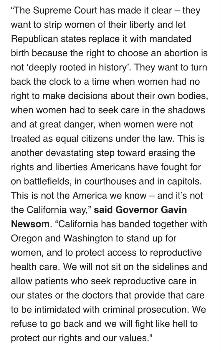 dvillasenorCA's tweet photo. NEW: @CAgovernor responds to #SCOTUS decision overturning Roe. 

“The Supreme Court has made it clear – they want to strip women of their liberty and let Republican states replace it with mandated birth because the right to choose an abortion is not ‘deeply rooted in history’.” https://t.co/PcmnMeZp8g